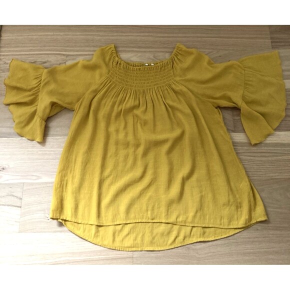 Mustard Yellow Smock Off Shoulder XL? Blouse 3/4 Bell Sleeve Fairy Boho Peasant - Picture 9 of 11